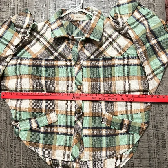 Women's Plaid Button-Down Shirt - Green, Brown, White - Picture 6 of 12